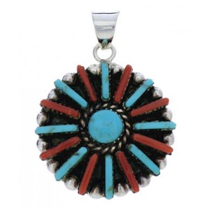 Coral And Turquoise Southwest Sterling Silver Pendant EX28624