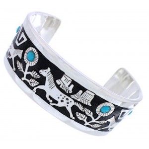 Turquoise Jet Inlay Horse And Flower Silver Bracelet NX27079