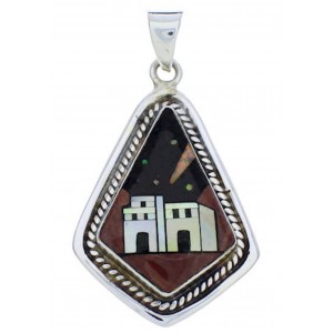 Silver Multicolor Native American Village Design Pendant PX29742