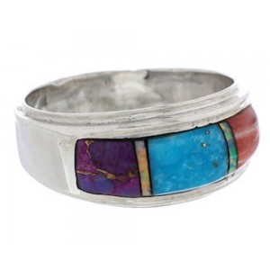 Southwestern Sterling Silver Multicolor Inlay Ring Size 8-1/2 UX36129