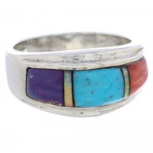 Southwestern Sterling Silver Multicolor Inlay Ring Size 7-1/2 UX36159