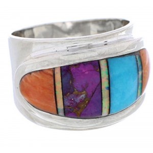 Sterling Silver And Multicolor Inlay Jewelry Ring Size 6-1/4 UX36203