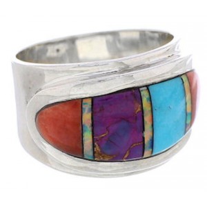 Southwestern Sterling Silver Multicolor Inlay Ring Size 7-1/4 UX36208