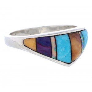 Southwestern Sterling Silver Multicolor Inlay Ring Size 6-1/2 UX36234