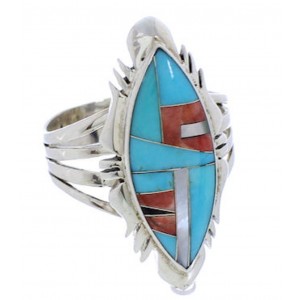 Southwest Turquoise Multicolor Inlay Silver Ring Size 7-3/4 JX38202