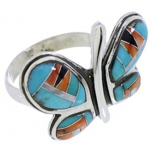 Silver Multicolor Inlay Southwest Butterfly Ring Size 7-1/2 CX52579