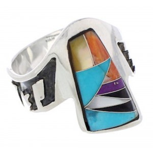 Southwest Multicolor Inlay Silver Ring Size 7-1/2 EX61080