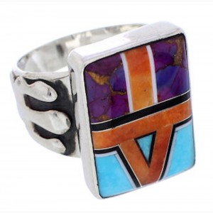 Southwestern Sterling Silver Multicolor Ring Size 8-1/4 EX61207