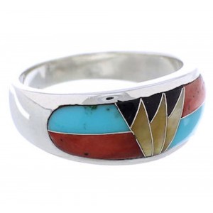 Multicolor Inlay Southwest Sterling Silver Ring Size 7-3/4 CX50068