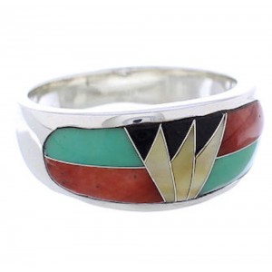 Southwest Sterling Silver Multicolor Inlay Ring Size 7-3/4 CX50073