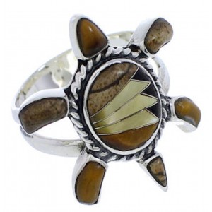 Silver Southwest Inlay Multicolor Turtle Ring Size 7-1/2 CX47201