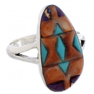 Multicolor Inlay Sterling Silver Southwestern Ring Size 7-3/4 WX41828