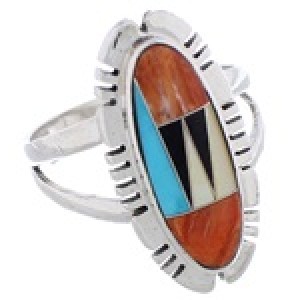 Sterling Silver And Multicolor Inlay Jewelry Ring Size 7-1/2 EX21943