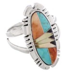 Southwestern Multicolor Inlay Silver Jewelry Ring Size 6-1/2 EX21949