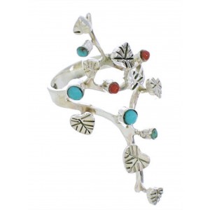 Southwest Silver Turquoise Coral Jewelry Ring Size 6-1/2 EX22758