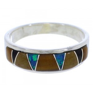 Southwestern Sterling Silver Multicolor Inlay Ring Size 6-1/2 UX37298