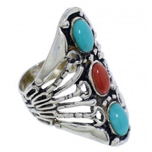 Turquoise Coral Jewelry Silver Southwest Ring Size 6-3/4 UX33010