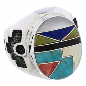 Silver Multicolor Southwestern Inlay Ring Size 8-1/4 TX38710