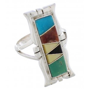 Southwestern Sterling Silver Multicolor Inlay Ring Size 5-3/4 WX41277