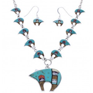 Multicolor Bear Native American Mesa Design Link Necklace Set PX37976