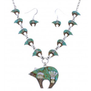 Native Mesa Design Multicolor Bear Earrings Link Necklace PX37992