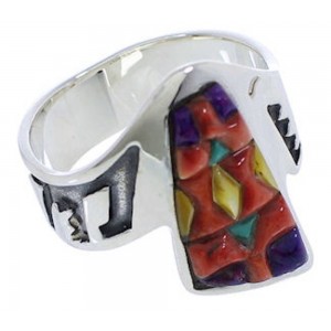 Genuine Sterling Silver And Multicolor Inlay Ring Size 9-1/2 EX40932