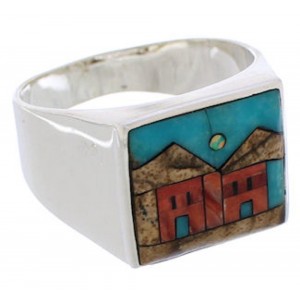 Native American Pueblo Design Multicolor Ring Size 11-3/4 EX42404