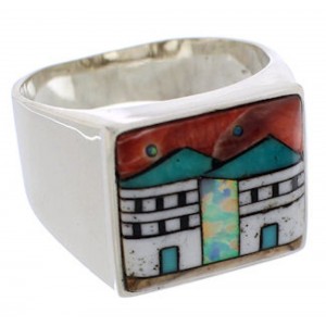 Native American Pueblo Design Multicolor Ring Size 11-3/4 EX42430