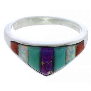Southwest Sterling Silver Multicolor Inlay Ring Size 6-1/2 VX36938