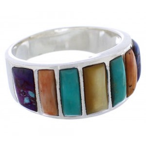  Southwestern Sterling Silver Multicolor Inlay Ring Size 7-1/2 AX36770