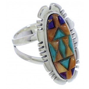 Genuine Sterling Silver And Multicolor Inlay Ring Size 8-3/4 TX38004