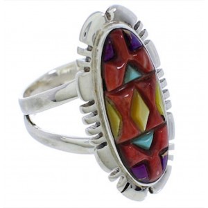 Southwestern Sterling Silver Multicolor Inlay Ring Size 5-3/4 TX38014
