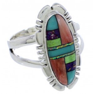 Genuine Silver Multicolor Inlay Southwest Ring Size 8-3/4 TX38087