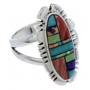 Southwestern Inlay Authentic Silver Multicolor Ring Size 7-1/2 TX38104