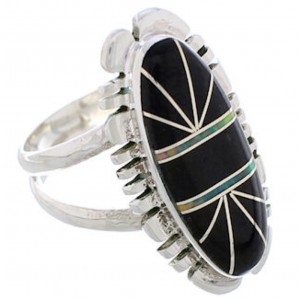 Southwest Sterling Silver Jet And Opal Inlay Ring Size 5-3/4 TX28661