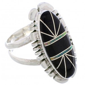 Southwestern Silver Jet Opal Inlay Ring Size 8-3/4 TX28662