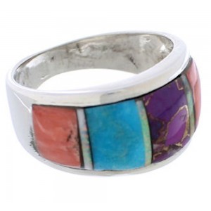 Sterling Silver Southwest Multicolor Inlay Ring Size 7-1/2 EX50901