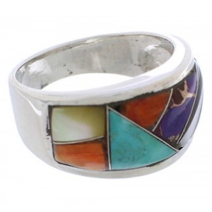 Southwestern Multicolor Inlay Silver Ring Size 6-3/4 EX50964