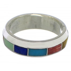 Southwestern Silver Multicolor Inlay Ring Size 8-1/4 TX40131