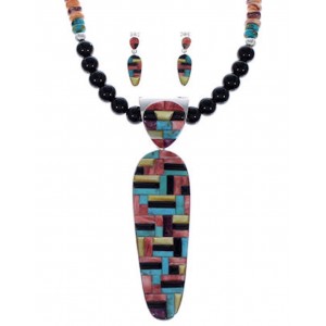 Genuine Sterling Silver And Multicolor Necklace And Earring Set PX35238