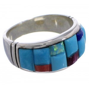 Turquoise Multicolor Inlay Silver Ring Size 8-3/4 EX50674