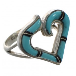 Silver Southwest Onyx And Turquoise Inlay Heart Ring Size 7-3/4 CX52057