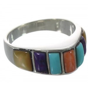 Southwest Sterling Silver Multicolor Inlay Ring Size 8-1/2 VX36667