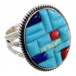 Southwest Multicolor Inlay Sterling Silver Ring Size 7 CX51620