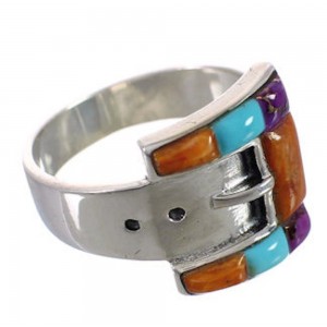 Sterling Silver Multicolor Inlay Belt Ring Size 6-3/4 CX50407