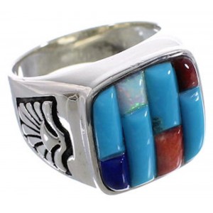 Southwest Sterling Silver Multicolor Inlay Ring Size 8-3/4 CX50020
