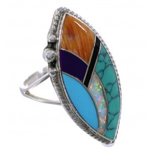 Genuine Sterling Silver And Multicolor Inlay Ring Size 7-1/4 EX51437