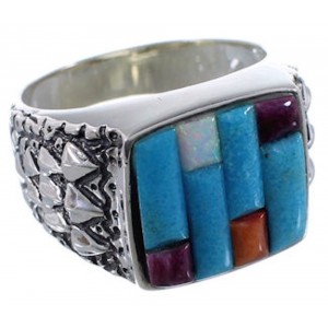 Southwestern Sterling Silver Multicolor Inlay Ring Size 9-1/4 AX37317