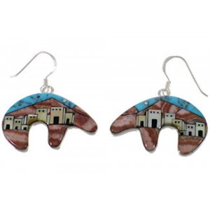 Native American Village Design Multicolor Silver Bear Earrings EX31214