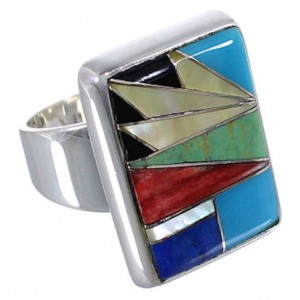 Sturdy Sterling Silver Multicolor Inlay Ring Size 7-1/4 WX37580